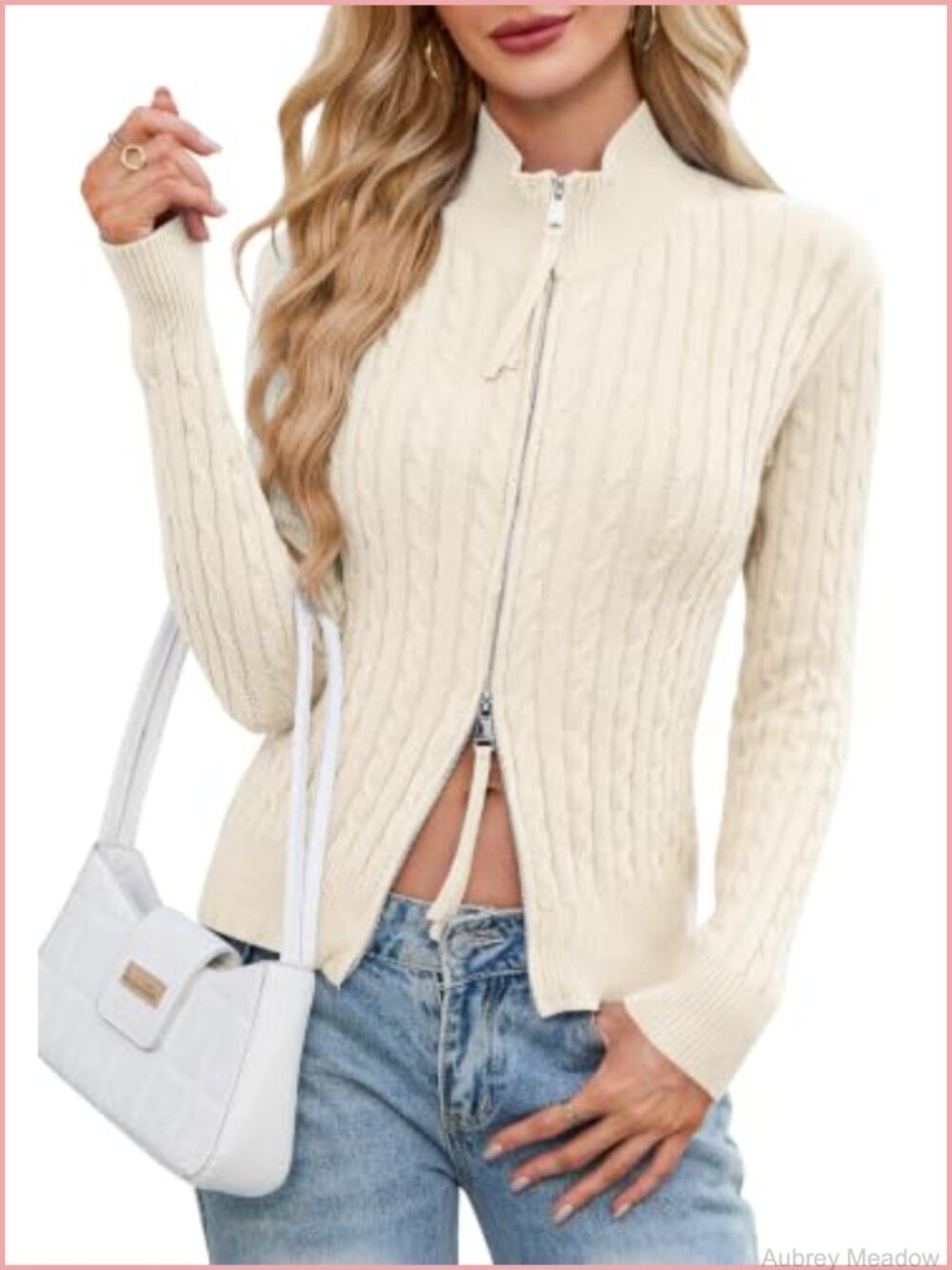 Cable Knit Cardigan Zip Up Mock Neck Long Sleeve Sweater Jacket